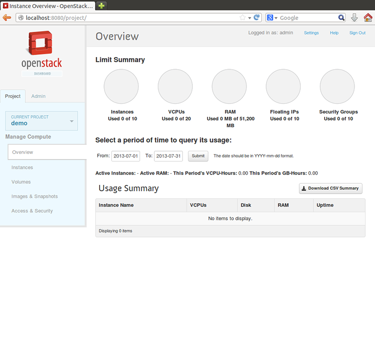 OpenStack dashboard - Project