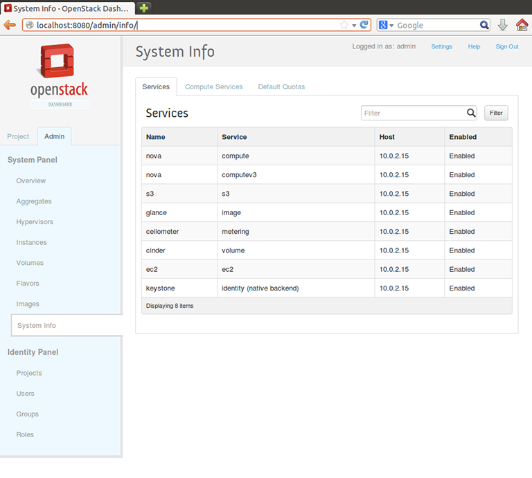 Openstack dashboard - System Info
